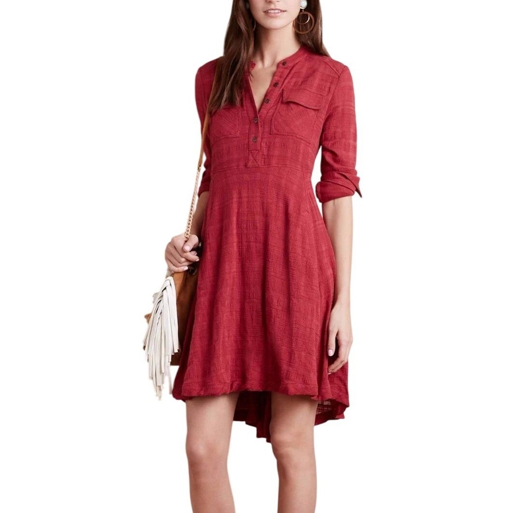Anthropologie Holding Horses Red Gauze Long Sleeve Mini Dress Sz 2 Boho Western